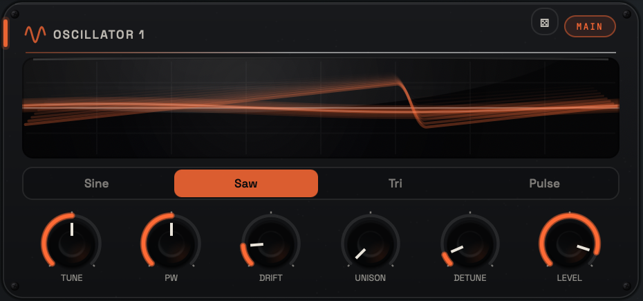 VOLTRA Oscillator 1 closeup with tune, fine, pulse width and level controls.