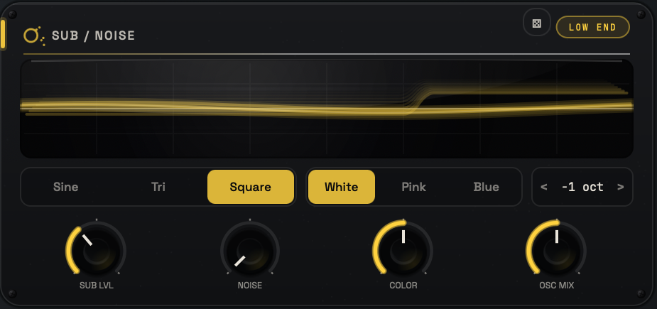 VOLTRA Sub and Noise section with sub waveform, noise color, grain and level controls.