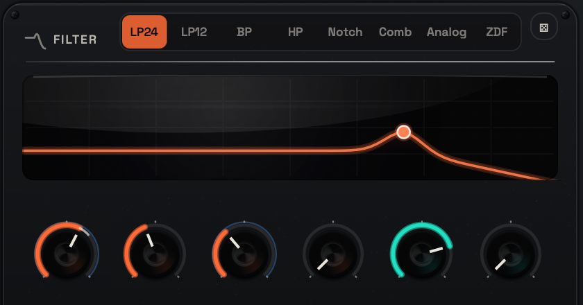 VOLTRA multimode filter with LP24 selected, cutoff resonance curve and drive controls.