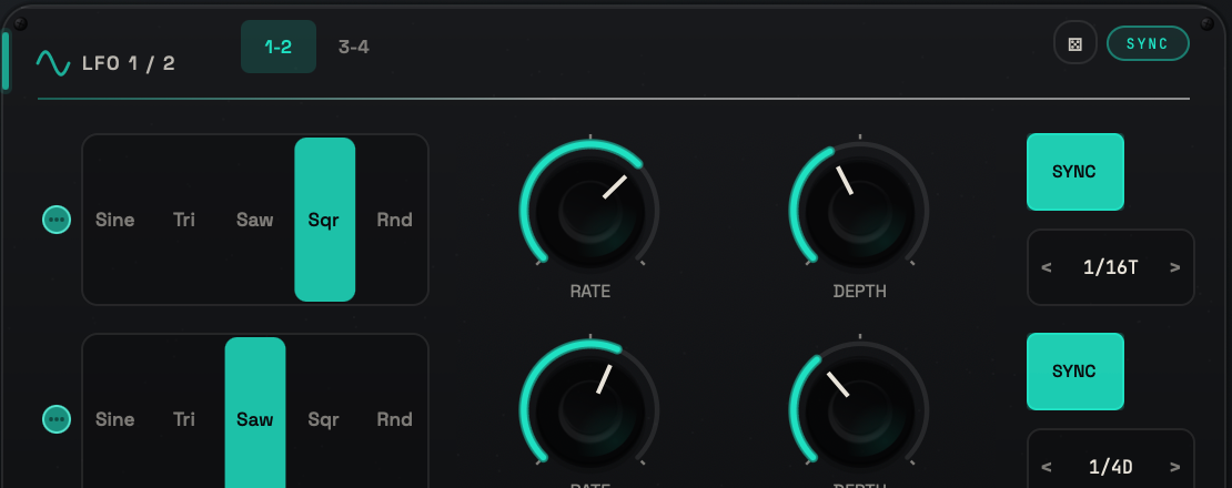 VOLTRA LFO section with waveform, rate, depth, phase, sync and modulation assignment controls.