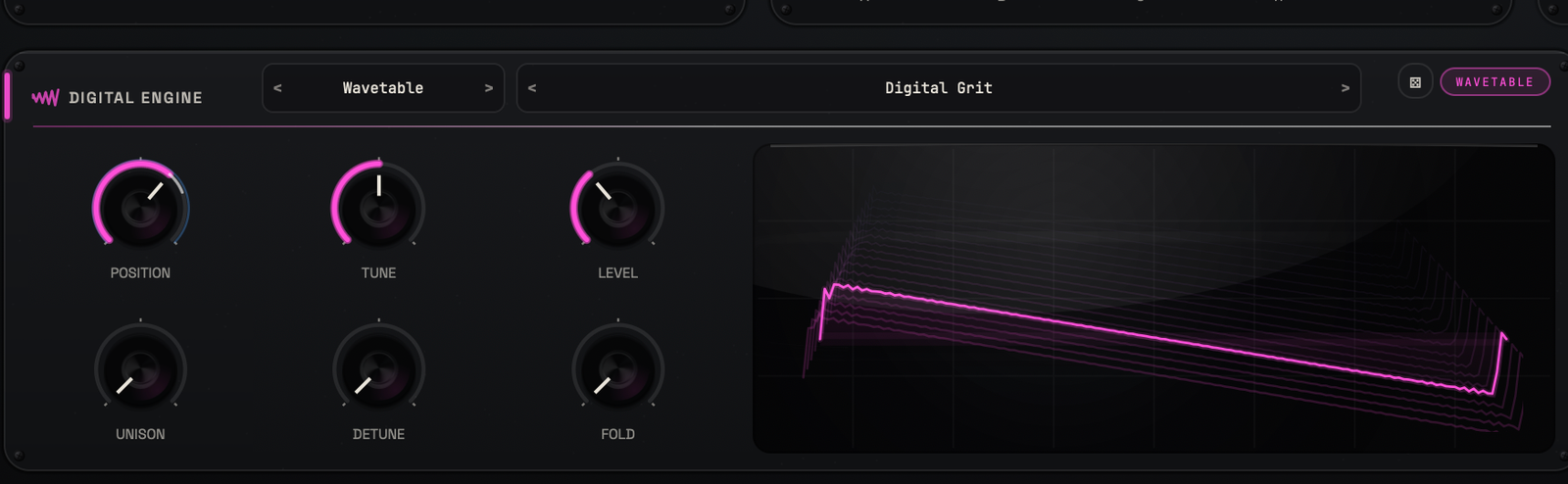 VOLTRA Digital Engine set to Wavetable mode with table, position, tune and level controls.