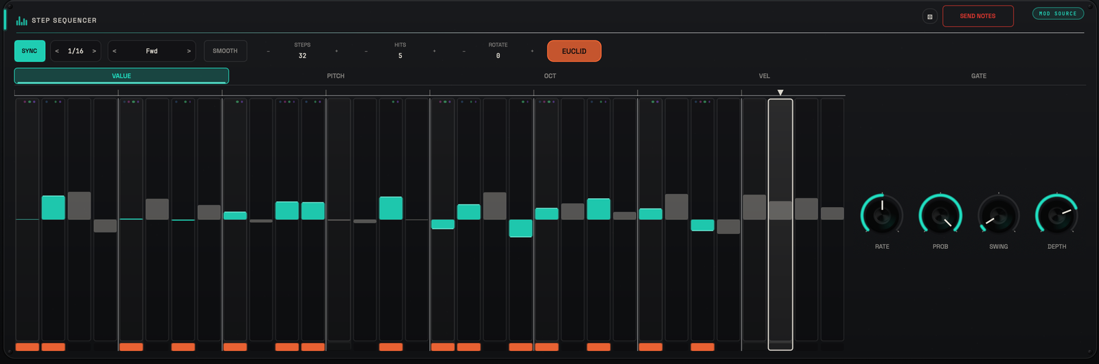 VOLTRA Step Sequencer with the Send Notes button active.
