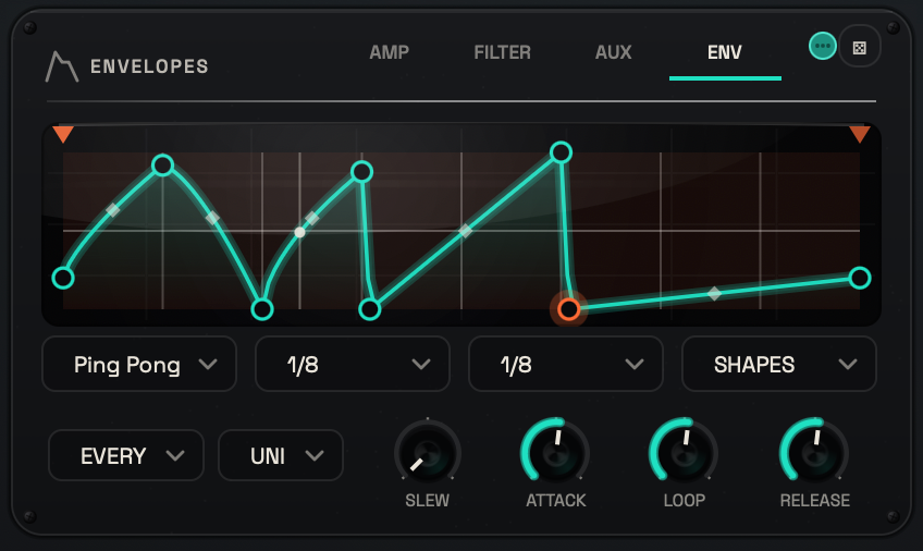 VOLTRA Envelopes ENV tab with a multi-segment Ping Pong shape and Slew, Attack, Loop and Release controls.
