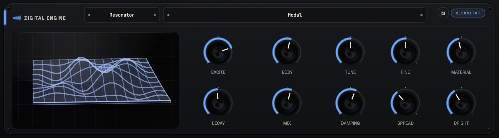 VOLTRA Resonator engine set to the Modal model, with a different active cymatic visual.