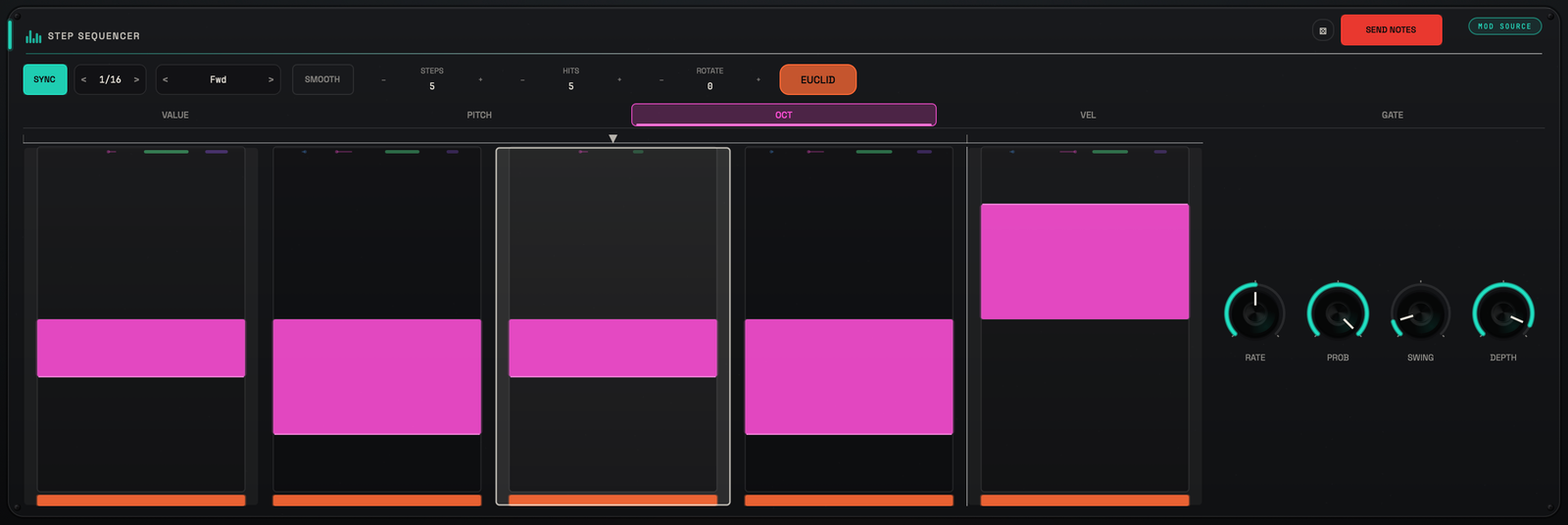VOLTRA Step Sequencer grid with an active Euclidean pattern across multiple lanes.