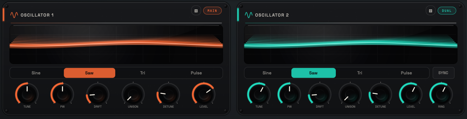 VOLTRA oscillator section with waveform selection, sync, fold, ring modulation, unison and level controls.