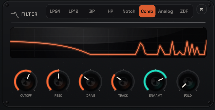 VOLTRA multimode filter section with filter model selection, cutoff, resonance, drive, tracking and modulation controls.