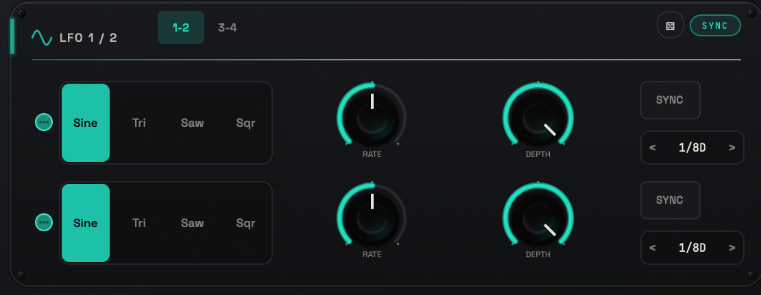 VOLTRA LFO section with waveform, rate, depth, phase, sync and modulation assignment controls.