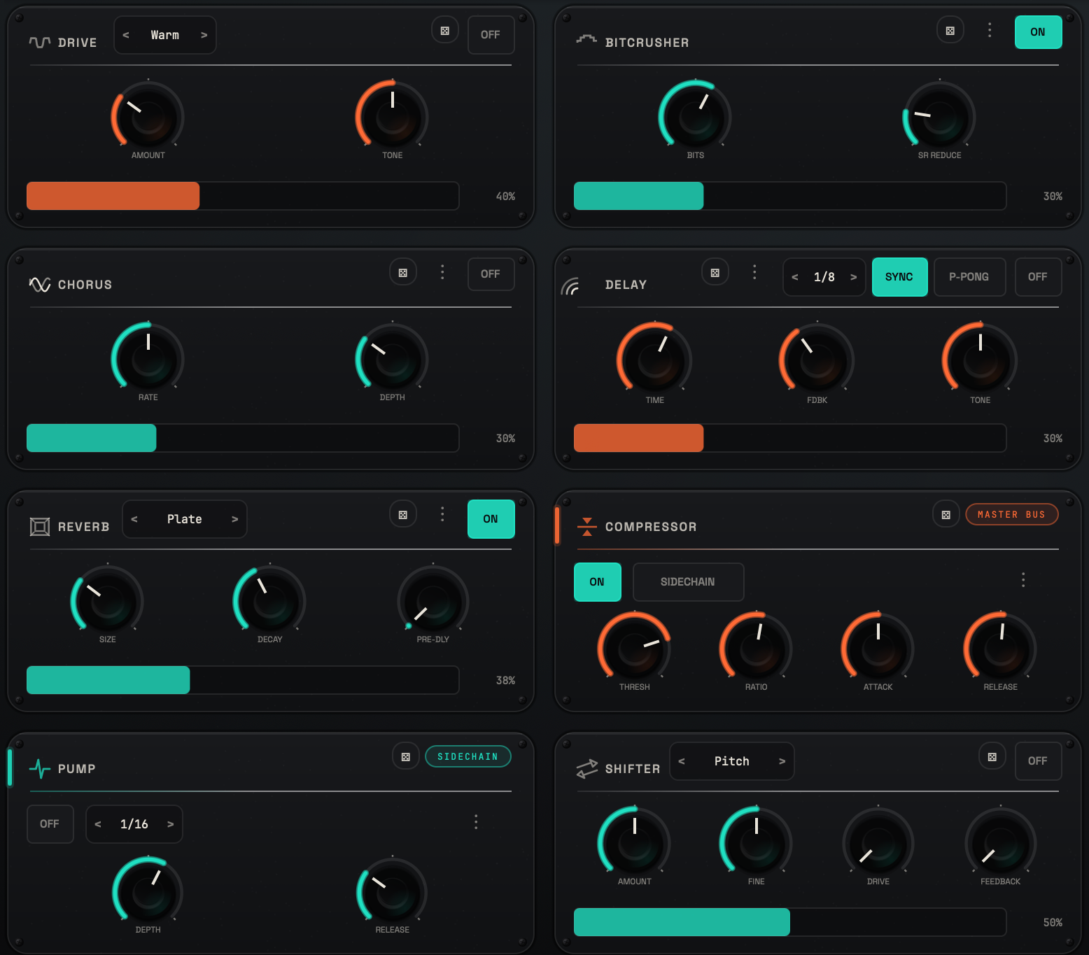 VOLTRA FX rack closeup with effect slots, routing and performance-ready controls.