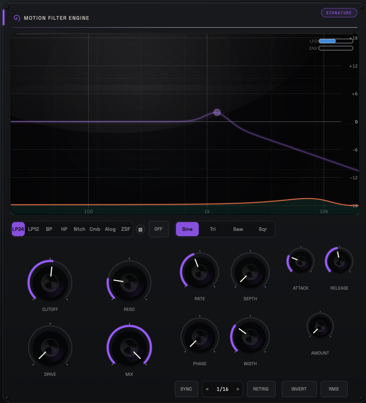 VOLTRA Motion Filter closeup with timing, depth, stereo and response controls.
